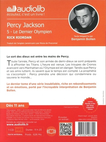 Percy Jackson et les Olympiens Tome 5 Le dernier Olympien -  avec 1 CD audio MP3