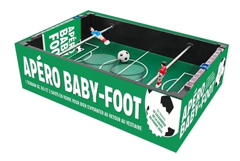 Apéro Baby Foot. Coffret avec 1 terrain de jeu, 2 poignées avec les joueurs, 2 buts, 2 shots en verre, 2 ballons