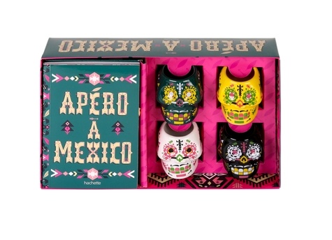  Hachette Pratique - Coffret Apéro à Mexico - Contient : 4 mini-verres "tête de mort", 1 livre.