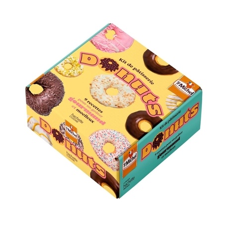 Kit de pâtisserie Donuts. 9 recettes pour un goûter gourmand et moelleux. Coffret avec 1 livre, 1 emporte-pièce à donuts, 10 poches à pâtisserie, 1 douille et 4 magnets