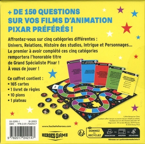 Quiz Pixar. Avec 165 cartes, 1 livret de règles, 10 pions et 1 plateau