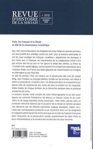 Revue d'histoire de la Shoah N° 212, octobre 2020 Vichy, les Français et la Shoah : un état de la connaissance scientifique