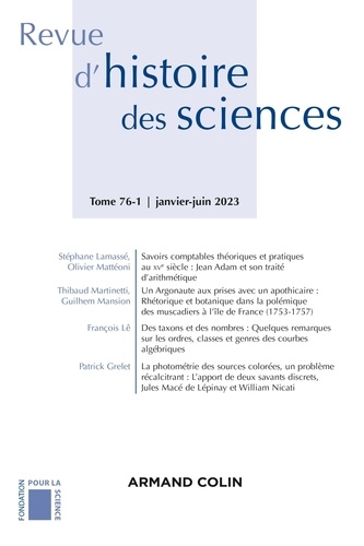  Armand Colin - Revue d'histoire des sciences N° 1, juin 2023 : .