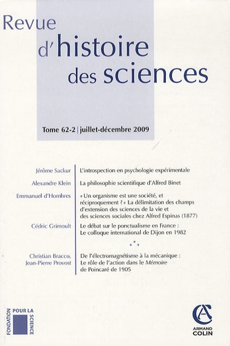 Jérôme Sackur et Alexandre Klein - Revue d'histoire des sciences N° 62-2, Juillet-déc : .