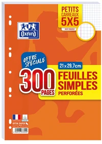 FEUILLES SIMPLES OXFORD PERFOREES 300 PAGES 90G Q5/5 MARGE  1/2BOX RDC