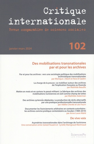 Monique Beerli et Nora El Qadim - Critique internationale N° 102, janvier-mars 2024 : Des mobilisations transnationales par et pour les archives.