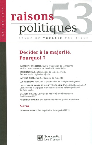 Philippe Urfalino - Raisons politiques N° 53, Février 2014 : Décider à la majorité - Pourquoi ?.