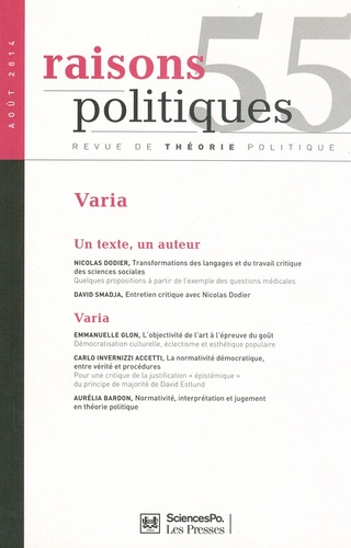 Benjamin Boudou - Raisons politiques N° 55, août 2014 : Varia.