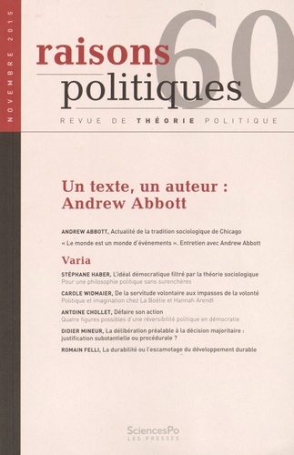 Benjamin Boudou - Raisons politiques N° 60, Novembre 2015 : Un texte, un auteur : Andrew Abbott.