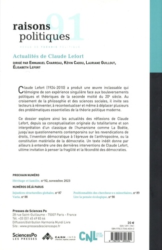 Raisons politiques N° 91, août 2023 Actualités de Claude Lefort