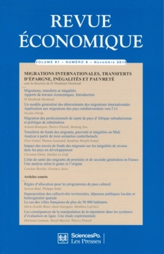 El Mouhoub Mouhoud - Revue économique Volume 61 N° 6, Nove : Migrations internationales, transferts d'épargne, inégalités et pauvreté.