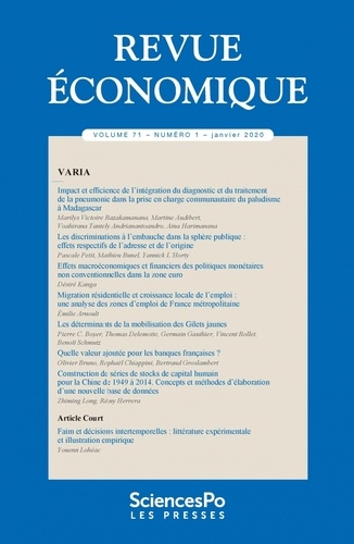  Sciences Po - Revue économique Volume 71 N° 1, février 2020 : .