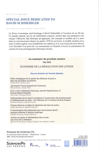 Revue économique Volume 71 N° 2, mars 2020 Special issue dedicated to David Schmeidler