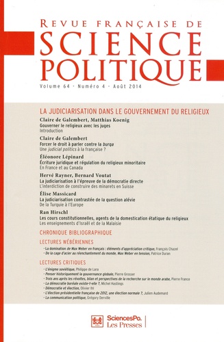 Yves Déloye - Revue française de science politique Volume 64 N° 4, août 2014 : La judiciarisation dans le gouvernement du religieux.