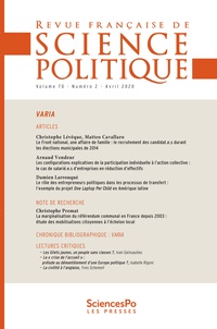 Yves Déloye - Revue française de science politique Volume 70 N° 2, avril 2020 : .