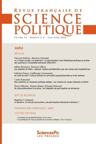  Sciences Po - Revue française de science politique Volume 70 N° 3/4, août 2020 : .