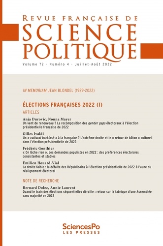 Yves Déloye - Revue française de science politique Volume 72 N° 4, juillet-août 2022 : Elections françaises 2022 (1).