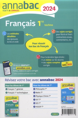 Français 1re techno. Sujets & corrigés  Edition 2024