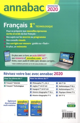 Français 1re technologique. Sujets et corrigés  Edition 2020