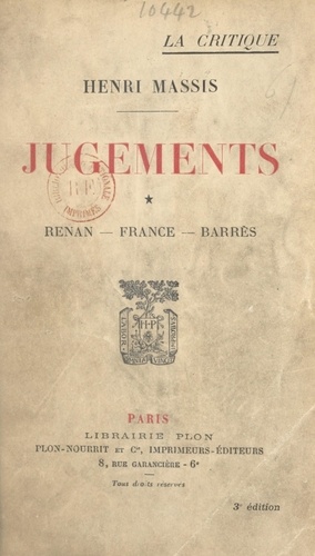 Jugements (1). Renan, France, Barrès
