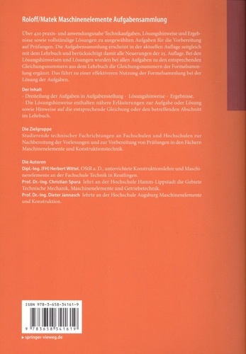 Roloff/Matek Maschinenelemente Aufgabensammlung. Lösungshinweise, Ergebnisse und ausführliche Lösungen 20e édition