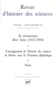 Danielle Fauque et René Taton - Histoires des sciences Tome 58 N° 2, Juille : .