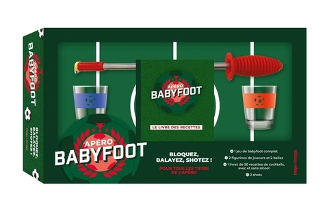 Apéro Babyfoot. Avec 1 jeu de babyfoot, 2 figurines de joueurs, 2 balles, 2 shots et 1 livret de 20 recettes