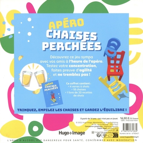 Apéro Chaises perchées. Coffret avec 4 verres à shots, 18 chaises et 1 livre de recettes