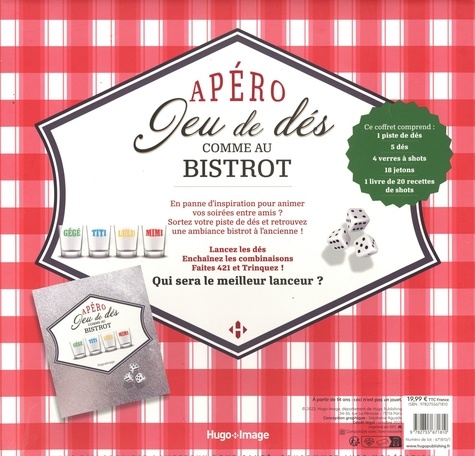 Apéro jeu de dés comme au bistrot. Coffret avec 1 piste de dés, 5 dés, 4 verres à shot, 18 jetons et 1 livre de recettes