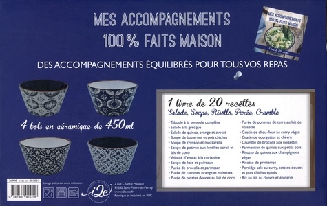 Coffret Mes accompagnements 100% Faits maison Bleu. Salade, soupe risotto purée, crumble. Avec 4 bols et 1 livre de 20 recettes