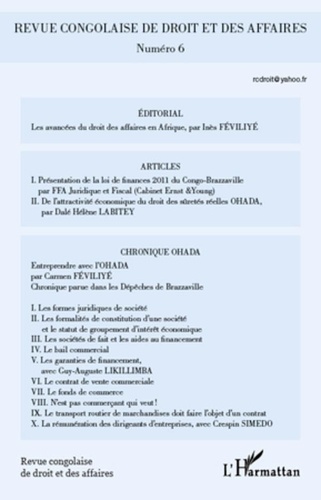 Inès Féviliyé - Revue congolaise de droit et des affaires N° 6, Avril-Mai-Juin : .