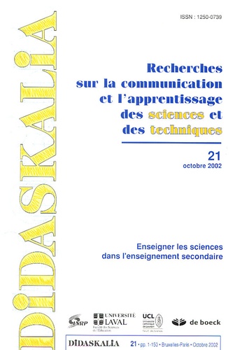 INRP - Didaskalia N° 21, Octobre 2002 : Enseigner les sciences dans l'enseignement secondaire.