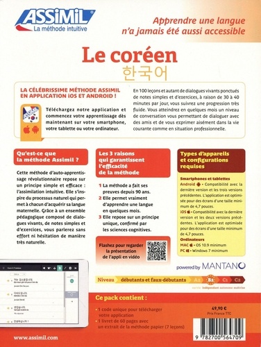 Le coréen B2 Pack applivre. Avec 1 application et 1 livret