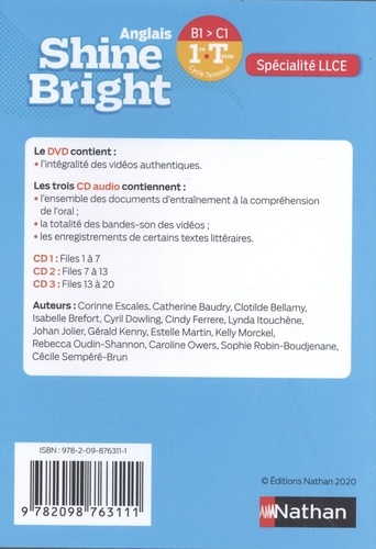 Anglais 1re/Tle B1>C1 Shine Bright spécialité LLCE  1 DVD + 3 CD audio