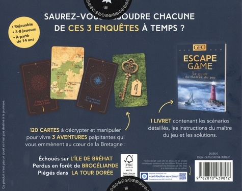 Escape Game Au coeur de la Bretagne. 3 enquêtes : Echoués sur l'île de Bréhac ; Piégé dans la tour Dorée ; Perdus en forêt de Brocéliande