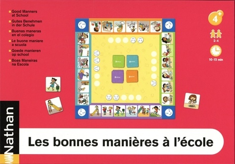 Les bonnes manières à l'école. Avec 1 plateau de jeu, 24 cartes illustrées, 20 jetons ronds, 4 pions, 1 dé