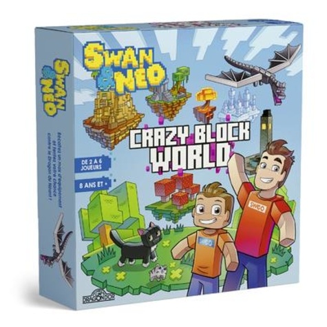 Swan & Néo Crazy Block World. Avec 4 grandes tuiles de plateau modulable, 1 livret avec les règles du jeu, 6 pions-personnages, 156 cartes, 100 sacs d'émeraudes, 2 dés, 6 jetons