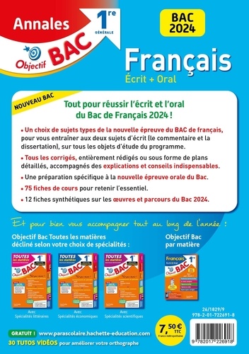 Français écrit + oral 1re générale. Sujets & corrigés  Edition 2024