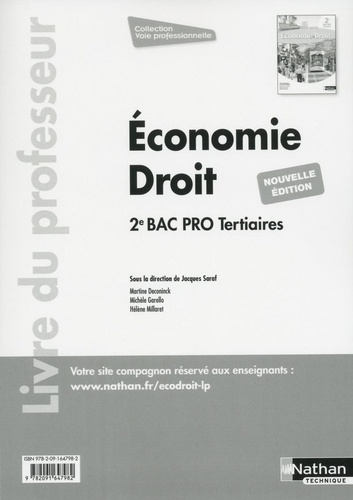 Jacques Saraf et Martine Deconinck - Economie Droit 2de Bac Pro tertiaires - Livre du professeur.