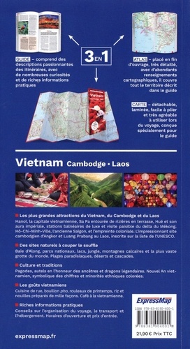 Vietnam, Cambodge, Laos. Guide + Atlas + Carte laminée 1/1 600 000  Edition 2023
