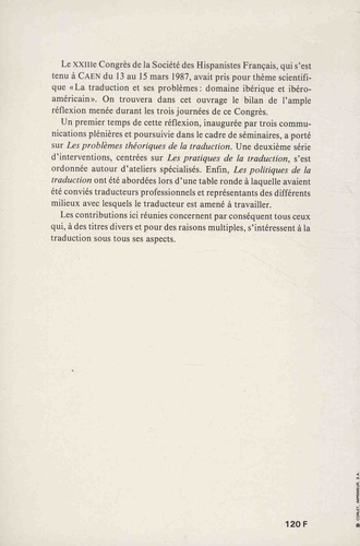 La traduction. Actes du XXIIIe Congrès de la Société des hispanistes français (Caen, 13-15 mars 1987)