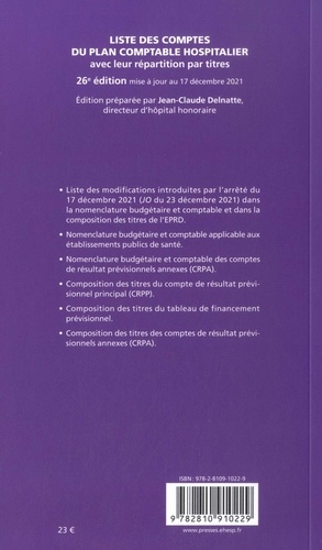 Liste des comptes du plan comptable hospitalier avec leur répartition par titres  Edition 2022