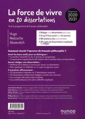 La force de vivre en 20 dissertations. Tout le programme de français-philosophie - Prépas scientifiques  Edition 2020-2021