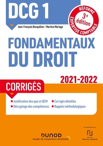 Jean-François Bocquillon et Martine Mariage - DCG 1 Fondamentaux du droit - Corrigés - 2021/2022 - Réforme Expertise comptable.