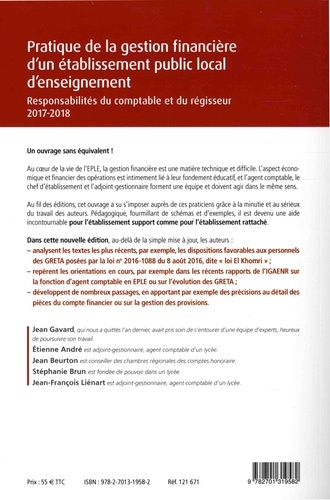 Pratique de la gestion financière d'un établissement public local d'enseignement. Responsabilités du comptable et du régisseur  Edition 2017-2018