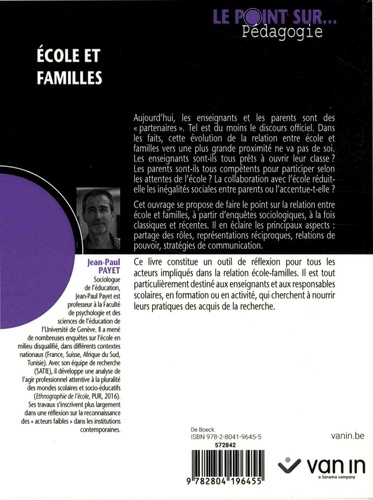 Ecole et familles - Une approche sociologique de Jean-Paul Payet - Poche -  Livre - Decitre