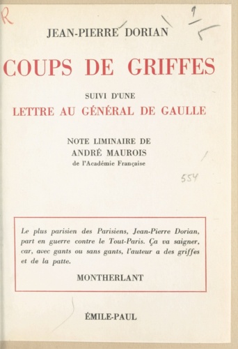 Coups de griffes. Suivi d'une lettre au Général de Gaulle