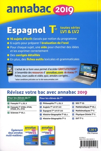 Espagnol Tle toutes séries, LV1 et LV2. Sujets et corrigés  Edition 2019