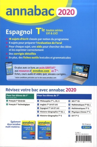 Espagnol Tle toutes séries, LV1 et LV2. Sujets et corrigés  Edition 2020