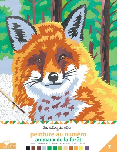 Peinture au numéro animaux de la forêt. Cahier avec 1 pinceau, 2 tableaux et 2 palettes de peinture de 12 couleurs